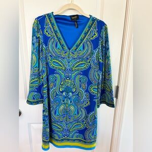 Laundry By Shelli Segal Blue Paisley Midi Dress with Green and Yellow Accents